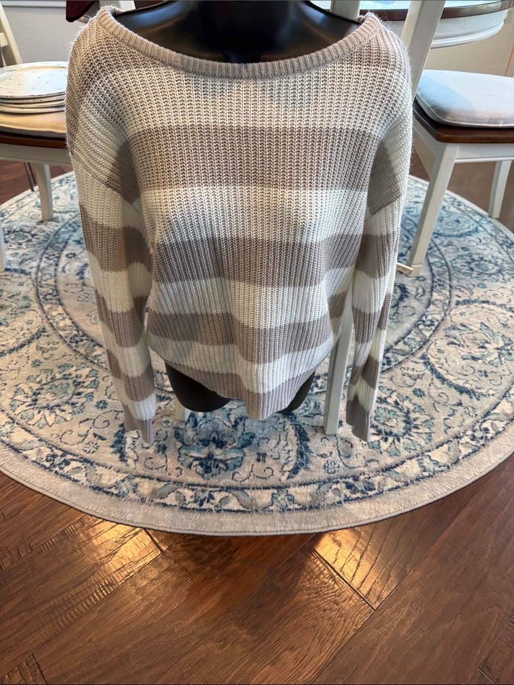 SHEIN Striped Crewneck Sweater in Cream and Tan
